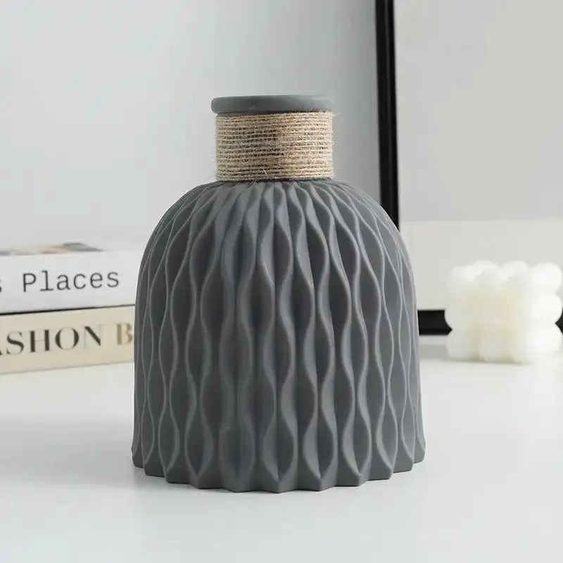 Water Ripple Plastic Vase gray with a jute-wrapped neck Decorbites for modern Nordic decor on Tampa Home & Garden Store