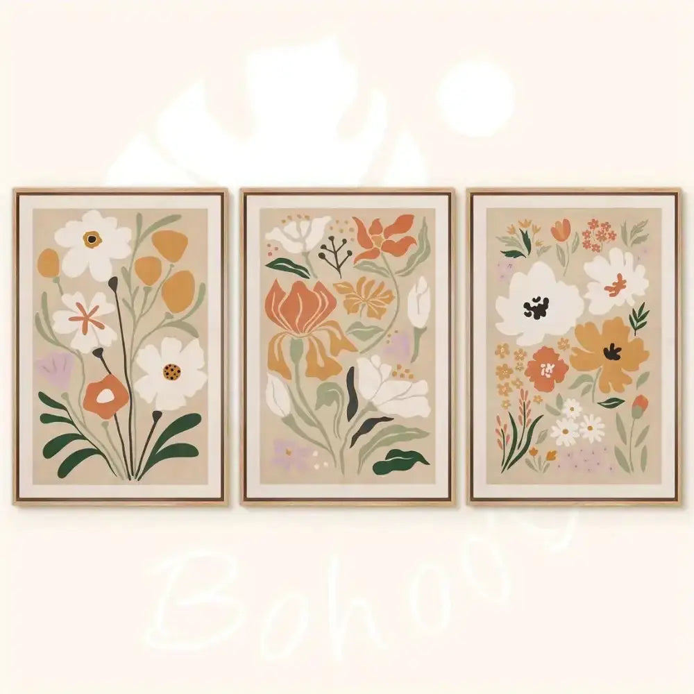 Watercolor Flower Posters triptych: three framed botanical prints in soft pastel tones on Tampa Home & Garden Store