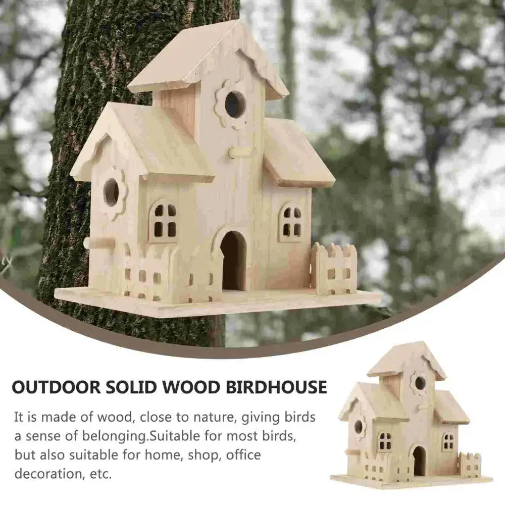 Wooden bird nest box for garden decor in beige solid wood with small windows on Tampa Home & Garden Store