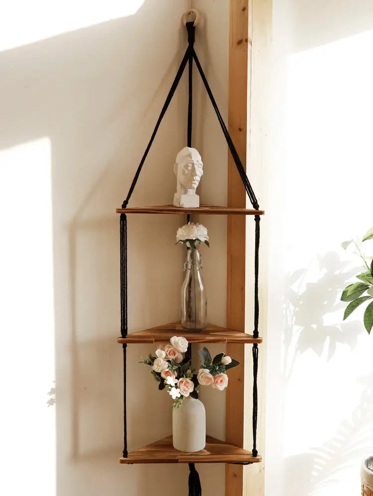 Wooden corner shelf with macrame boho decor, three-tier natural wood shelves with black rope on Tampa Home & Garden Store