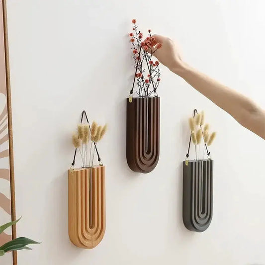 Wooden Flower Vase Wall Mount Holder by Decorbites; 3 vases in espresso, gray with dried stems on Tampa Home & Garden Store