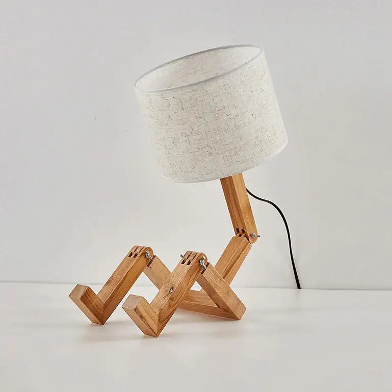 Wooden robot desk lamp with natural finish and white shade, zigzag legs on Tampa Home & Garden Store