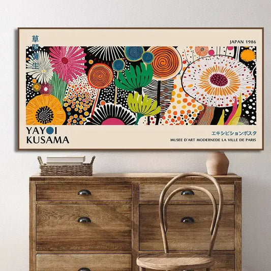 Poster Yayoi Kusama Flower Canvas Wall Art by Decorbites with bold colorful floral collage on Tampa Home & Garden Store
