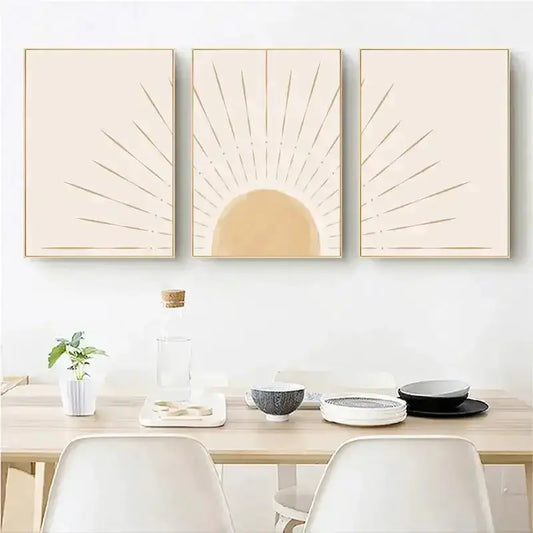 Yellow Sun Rising on the Horizon wall art triptych posters with beige backdrop and sun rays on Tampa Home & Garden Store