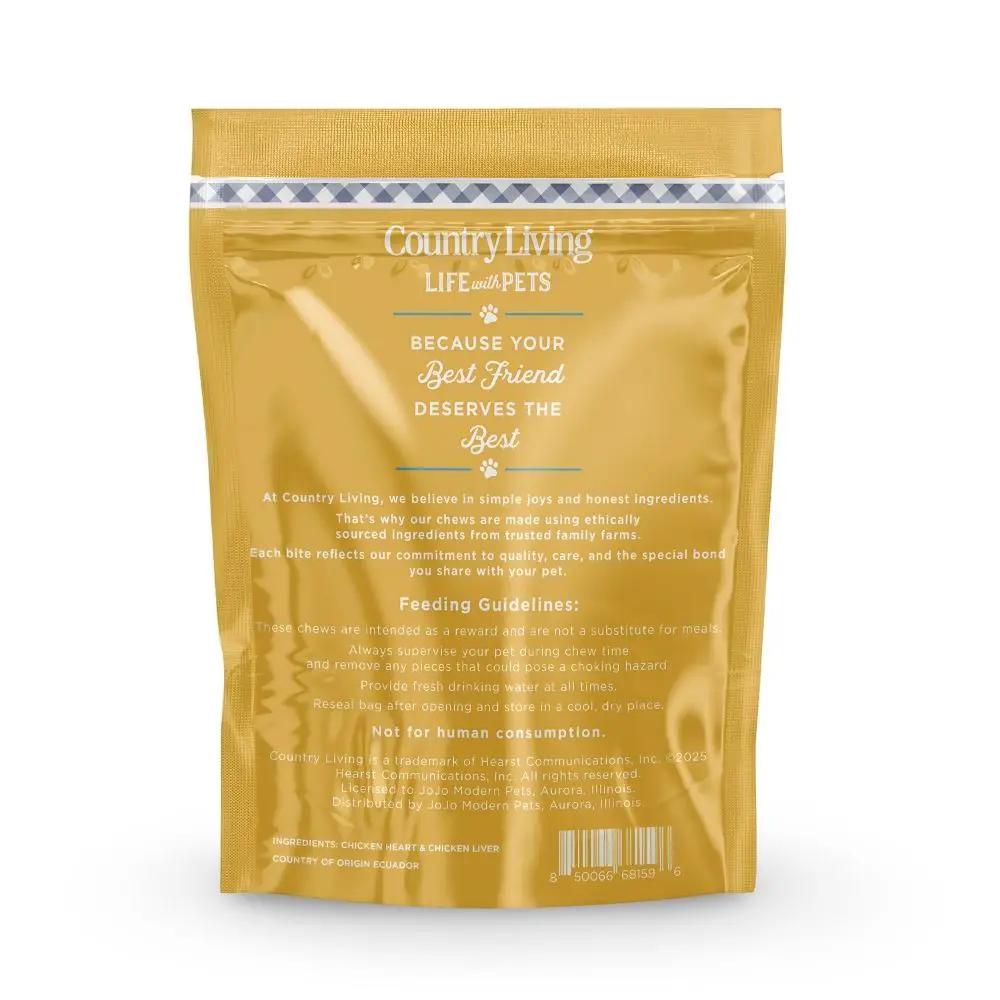 Country Living Chicken Hearts & Livers Dog Treats bag in gold pouch on Tampa Home & Garden Store