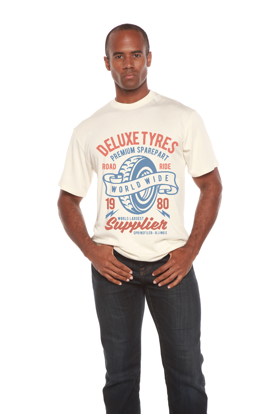 Deluxe Tyres men's bamboo tee white with tire print Spun Bamboo Store on Tampa Home & Garden Store