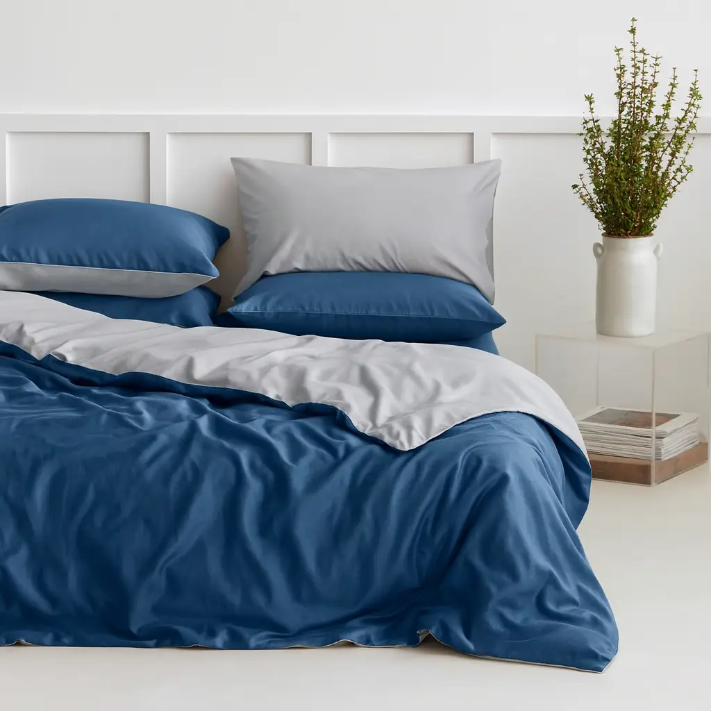 Two-Tone Bamboo Duvet Cover + 2 Shams Set in blue and gray on bed by Pure Fiber on Tampa Home & Garden Store