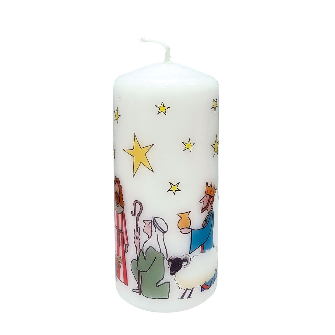 Nativity Scene Pillar Candle white wax with starry night nativity illustration on Tampa Home & Garden Store