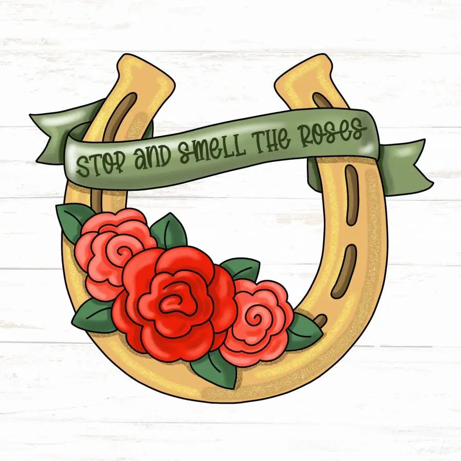 Derby Horse Shoe Wood Door Hanger with red roses and green banner STOP AND SMELL THE ROSES on Tampa Home & Garden Store