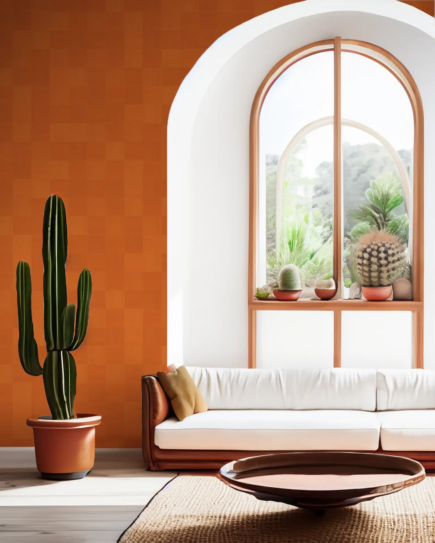 Zellige Wallpaper orange Moroccan tile pattern on warm orange wall with white arched niche and potted cacti on Tampa Home & Garden Store