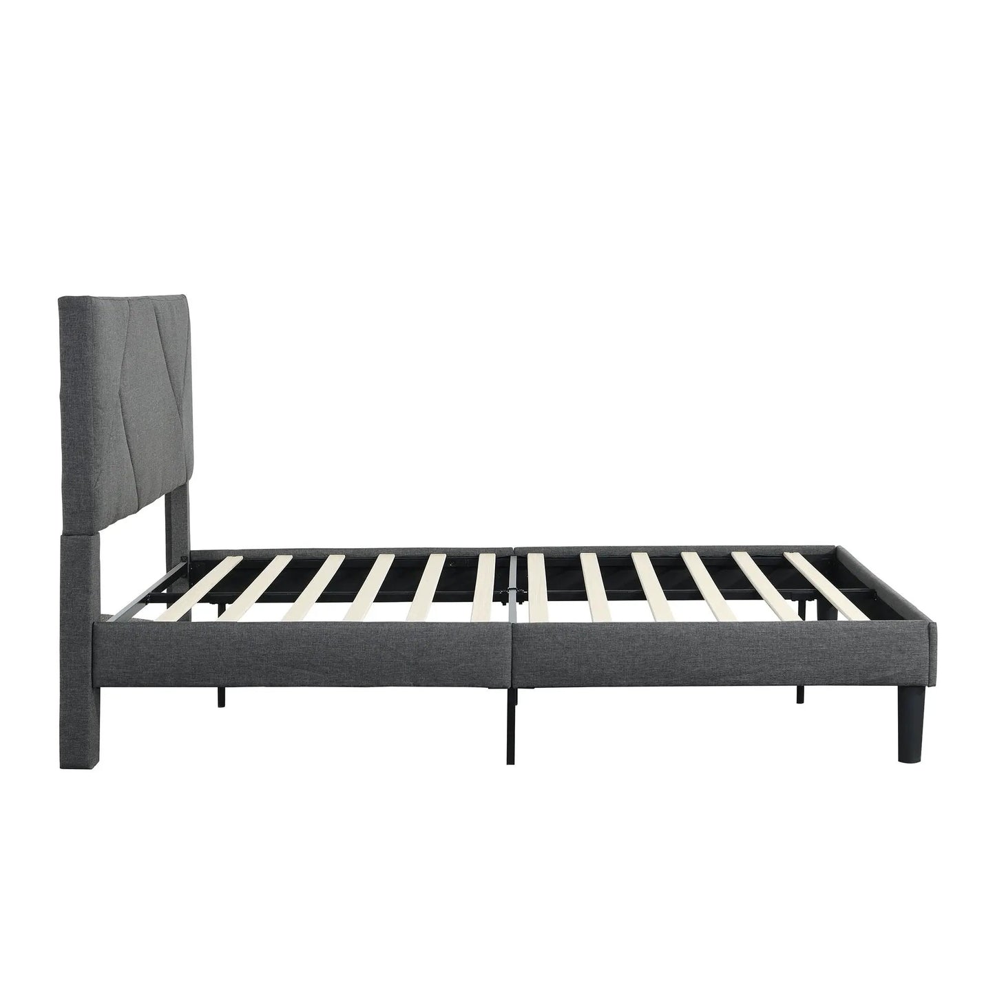 Upholstered platform bed frame with tall gray headboard, wood slat support, black legs on Tampa Home & Garden Store