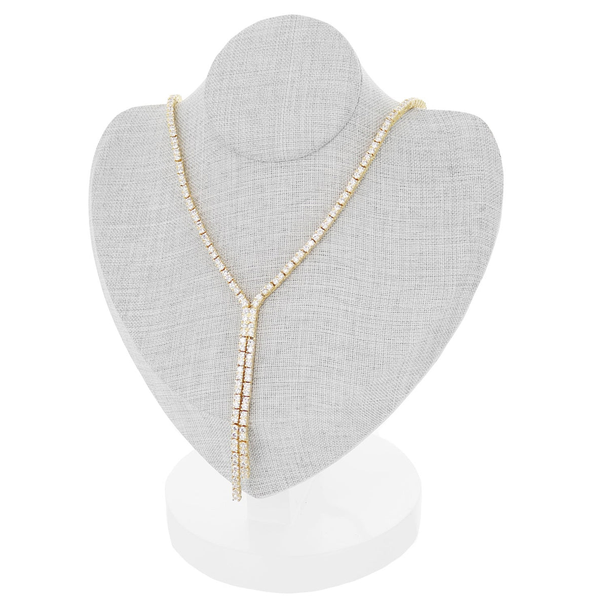 Gray Linen Necklace Jewelry Display; gold-tone crystal Y-necklace with drop on a linen stand on Tampa Home & Garden Store