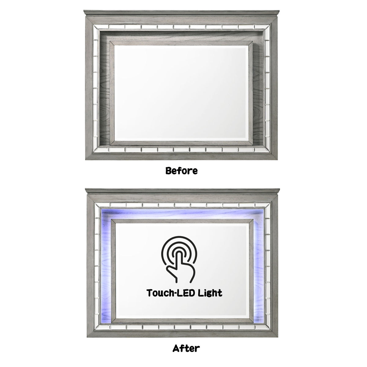 Light gray LED wall mirror by HouseOfZazla with beveled inner frame and mirrored border on Tampa Home & Garden Store