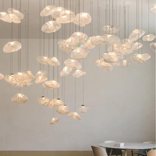 Postmodern Light Luxury Glass Chandelier by Decorbites; white glass cloud pendants, cables on Tampa Home & Garden Store