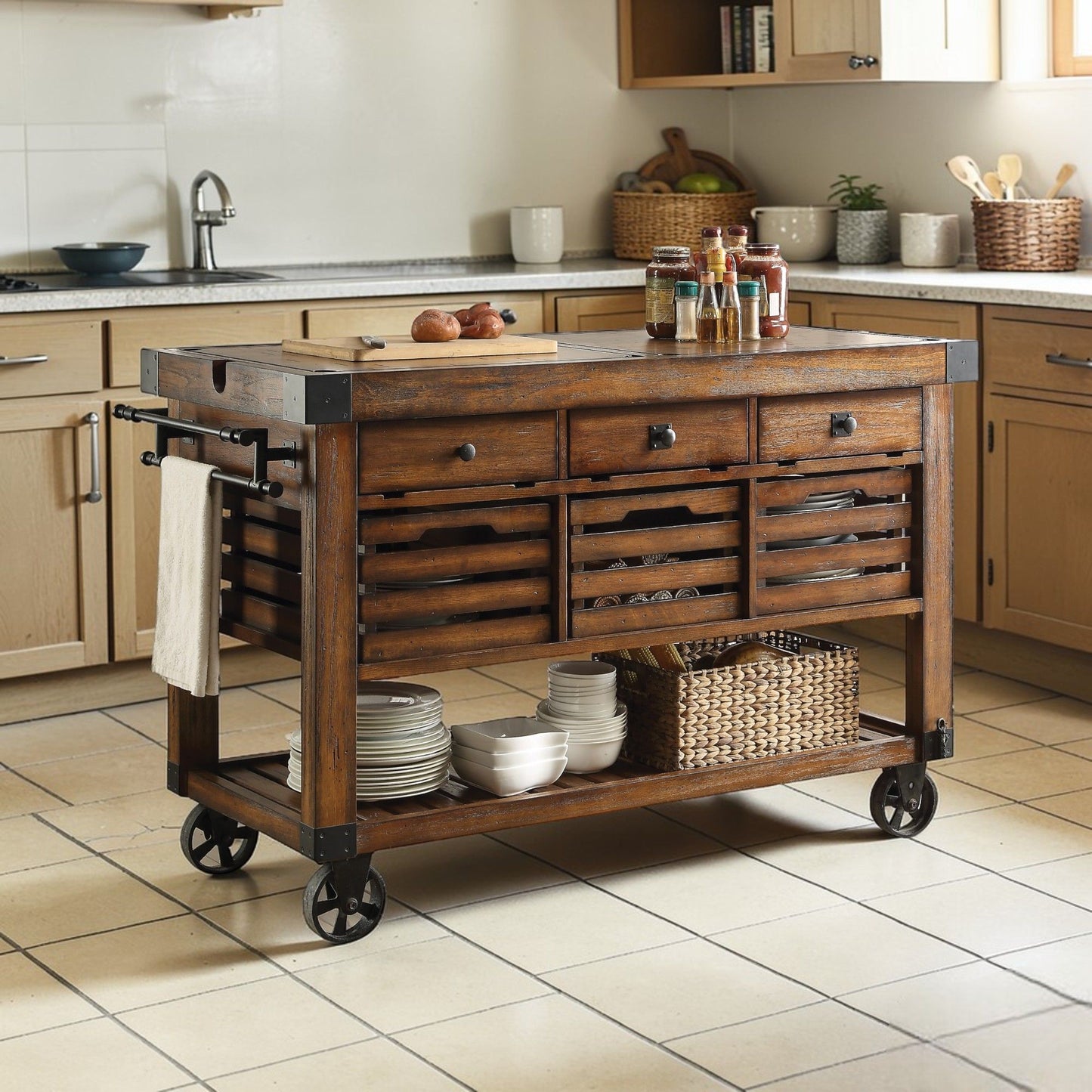 Kaif Distressed Chestnut Kitchen Cart wooden accent table with slatted sides and casters on Tampa Home & Garden Store