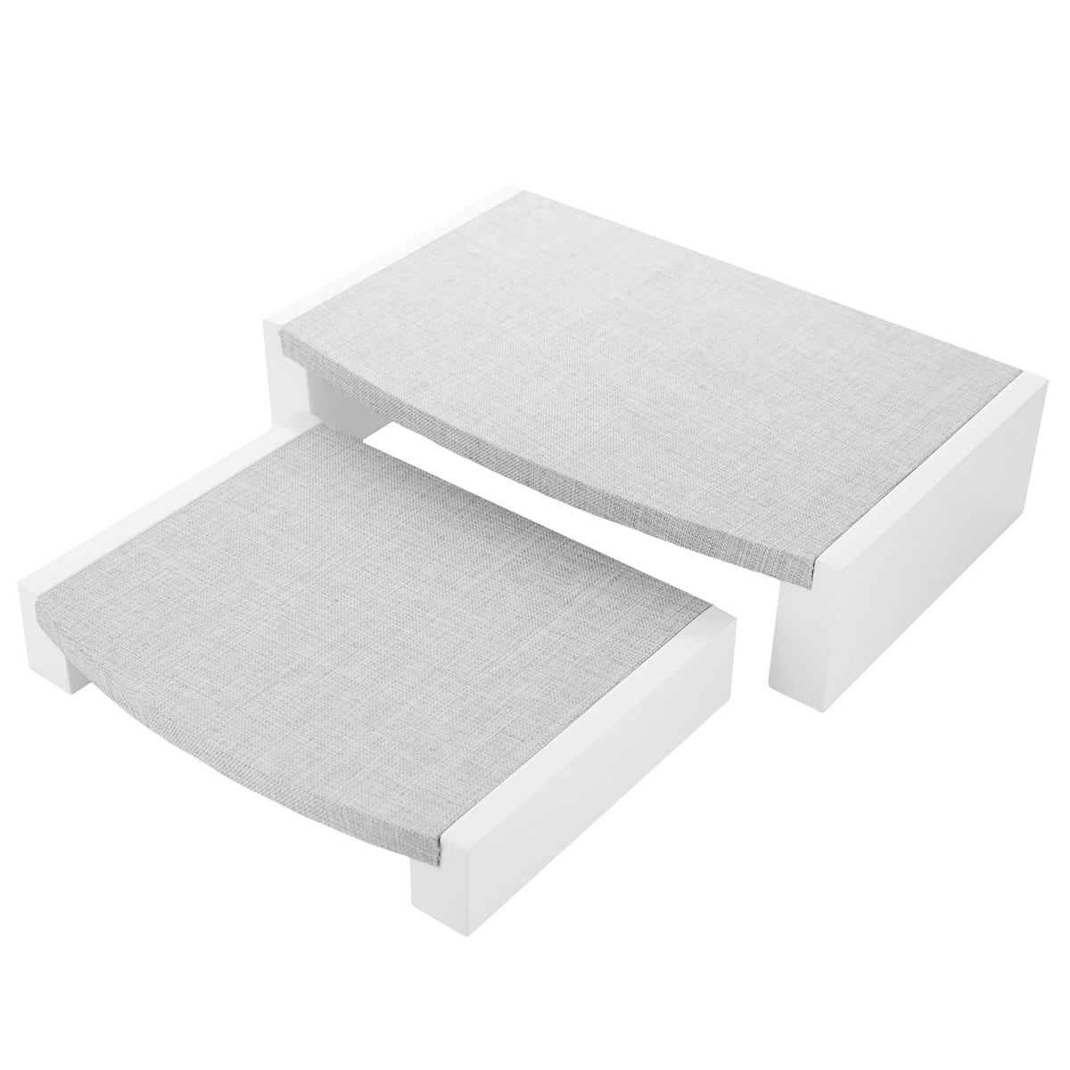 Dual jewelry display set with two white glossy stands and gray linen fabric tops on Tampa Home & Garden Store