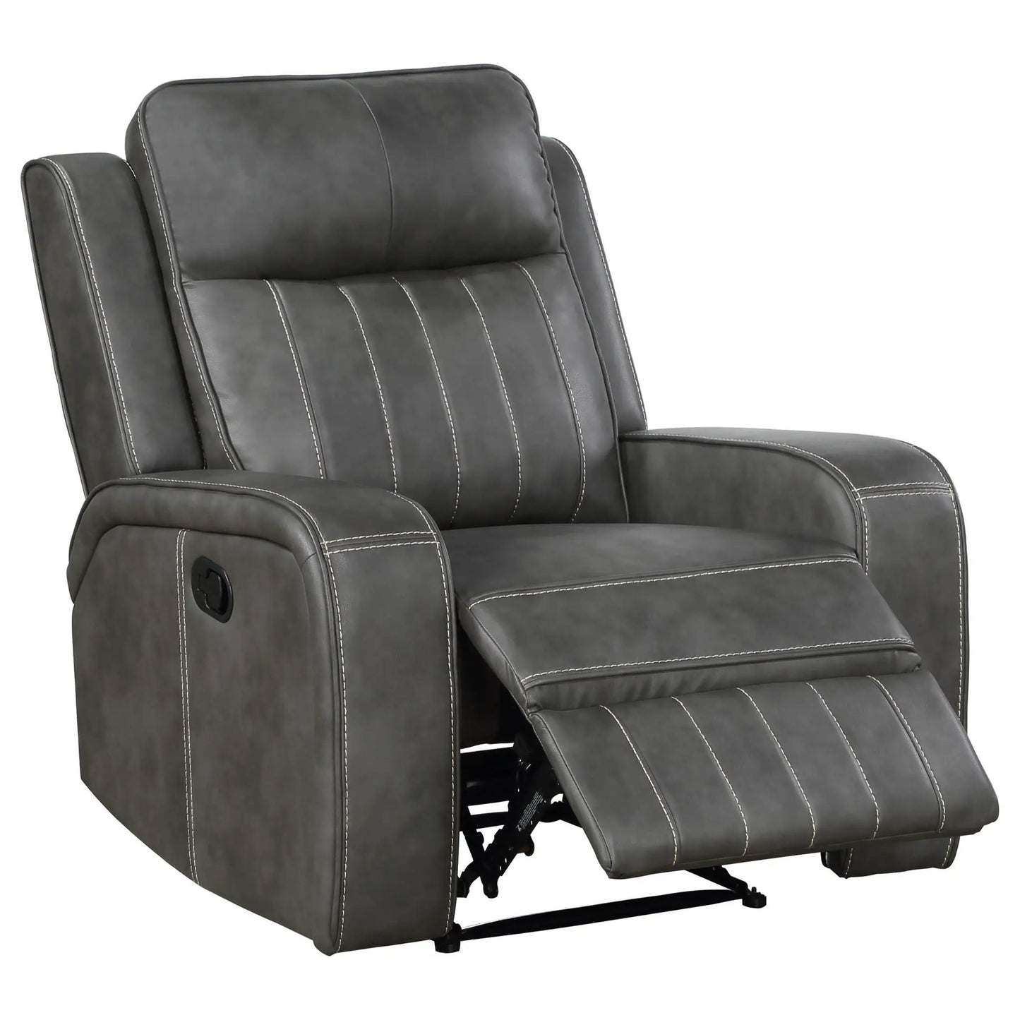Forrest gray tufted leather recliner chair with white-stitched seams and extended footrest on Tampa Home & Garden Store
