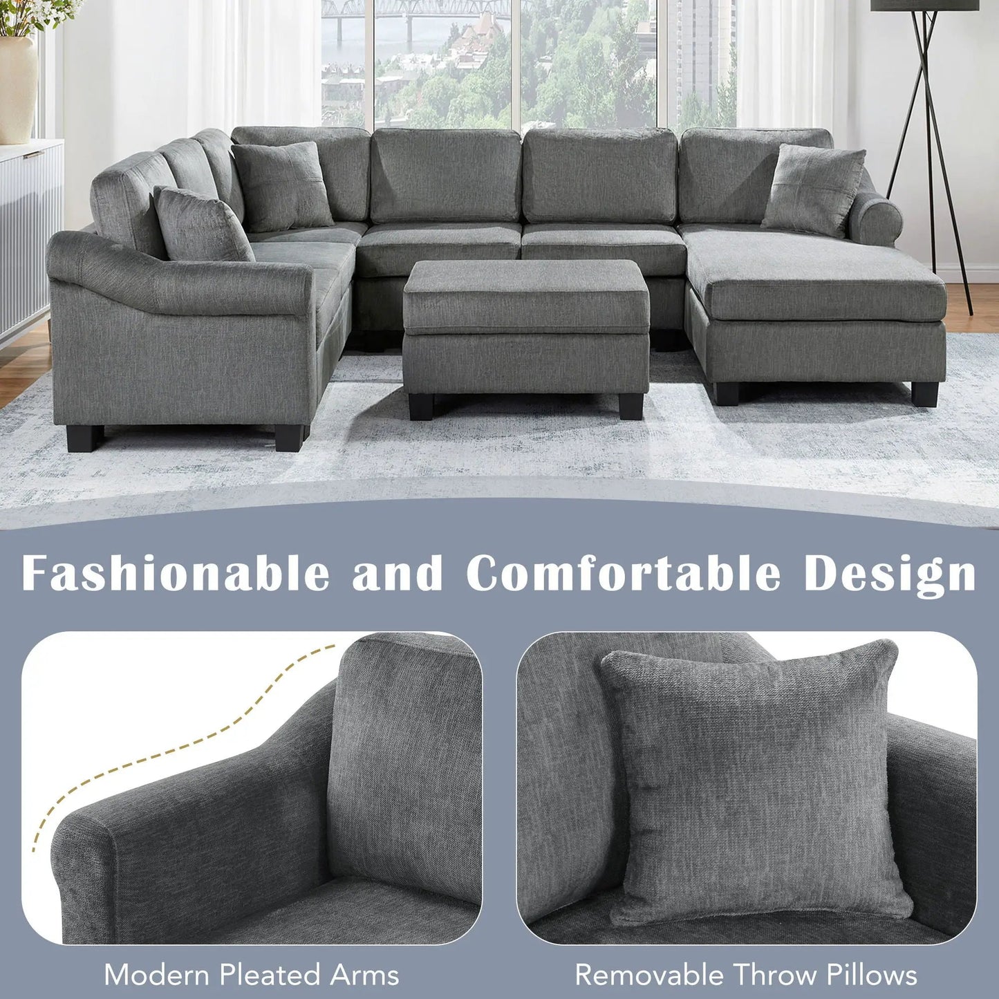 Contemporary U-shaped sectional sofa with movable storage ottoman in grey fabric, 2pc set on Tampa Home & Garden Store