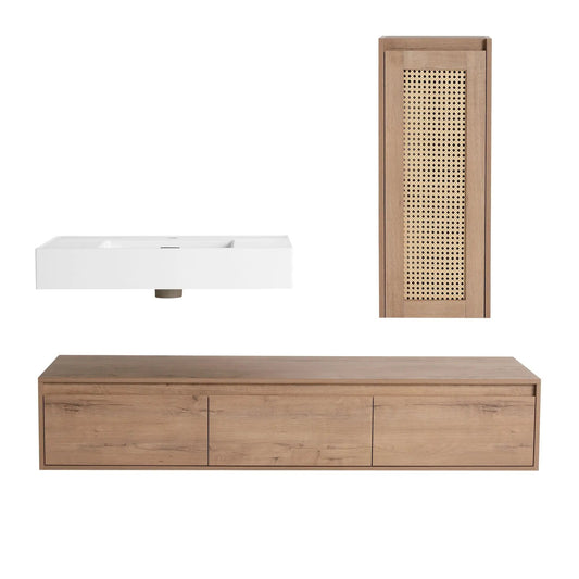 Modern wall-mounted vanity with resin sink and side cabinet in warm wood with cane panel on Tampa Home & Garden Store