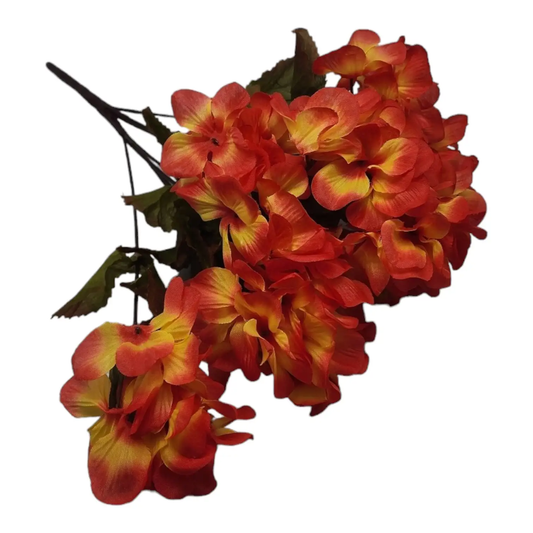 Autumn Hydrangea Bush with Nine Colorful Blooms, orange-red petals artificial flowers on Tampa Home & Garden Store