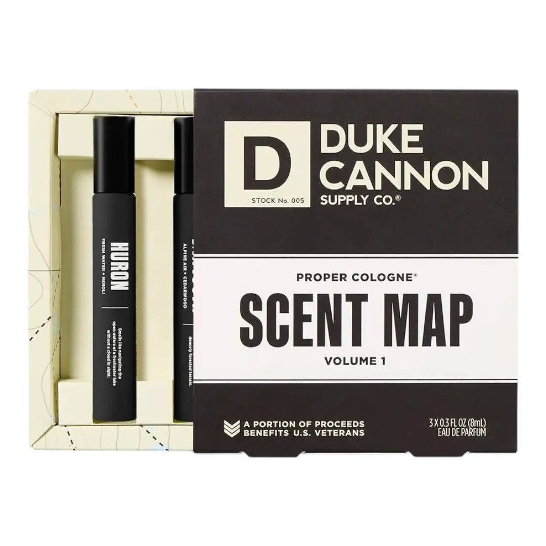 Scent Map Cologne Gift Set with Three Rollers by Duke Cannon, black roller bottles in black box on Tampa Home & Garden Store
