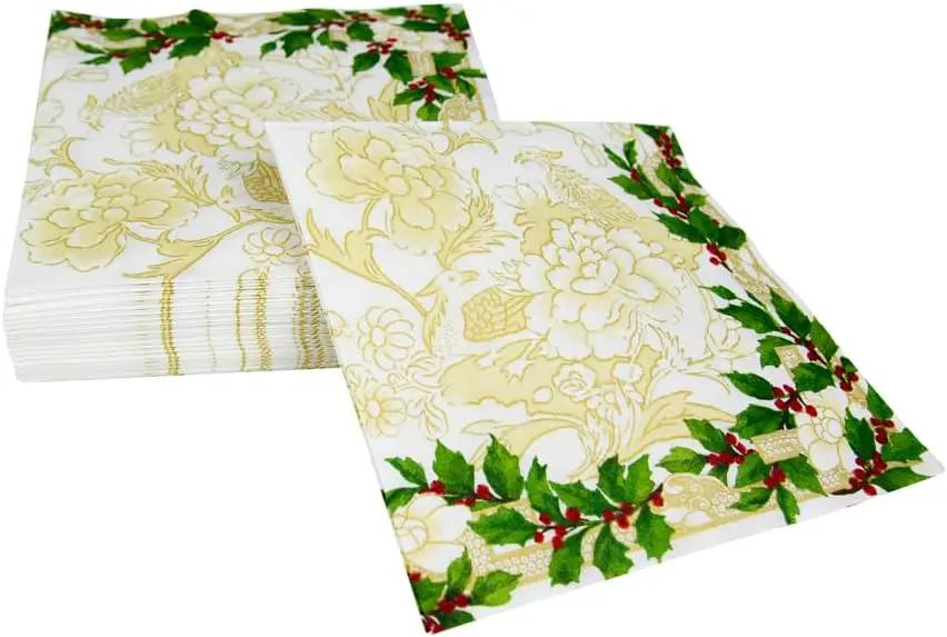 Holly ivory/gold luncheon paper napkins with festive green holly border Country Christmas Loft on Tampa Home & Garden Store