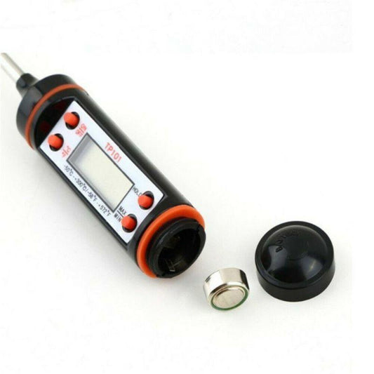 Stevvex digital meat thermometer with stainless probe, black body and orange seals, cap on Tampa Home & Garden Store