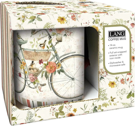 LANG 14oz ceramic mug featuring a vintage bicycle with a flower-filled basket, microwave safe on Tampa Home & Garden Store