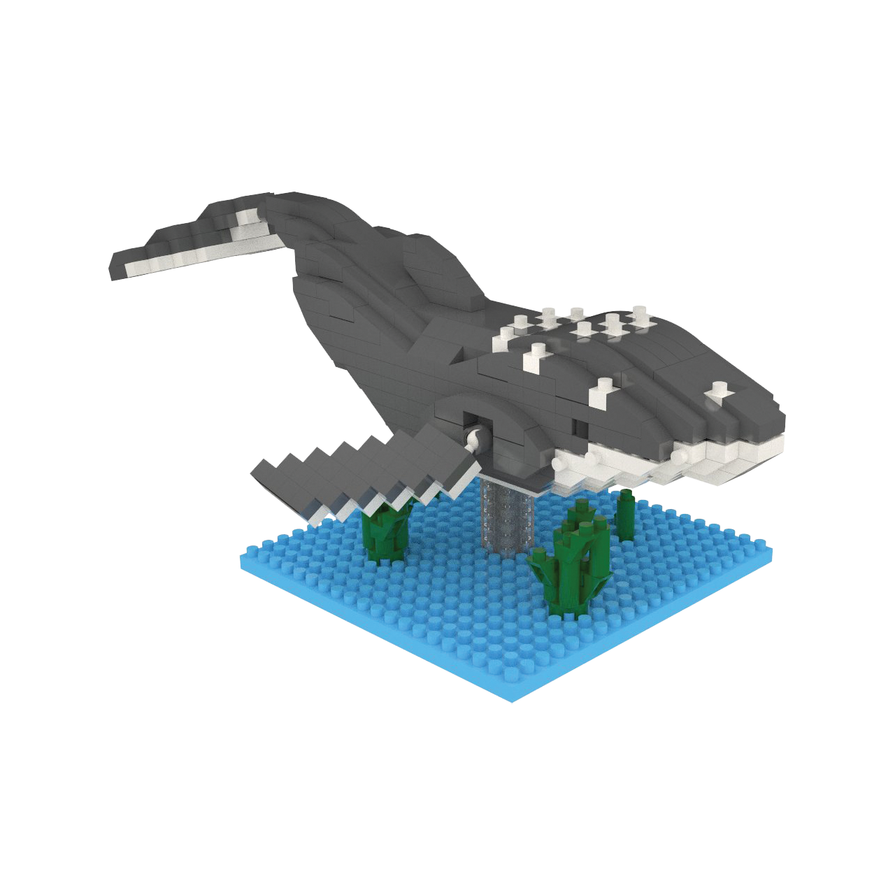 Mini Building Blocks Humpback Whale build toy on blue baseplate with gray whale and seaweed on Tampa Home & Garden Store