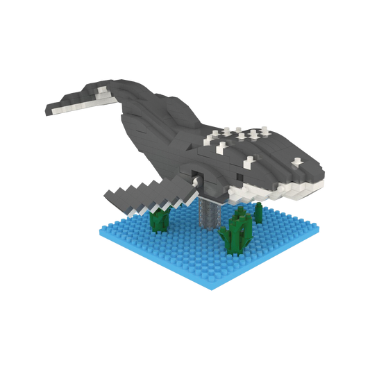 Mini Building Blocks Humpback Whale build toy on blue baseplate with gray whale and seaweed on Tampa Home & Garden Store