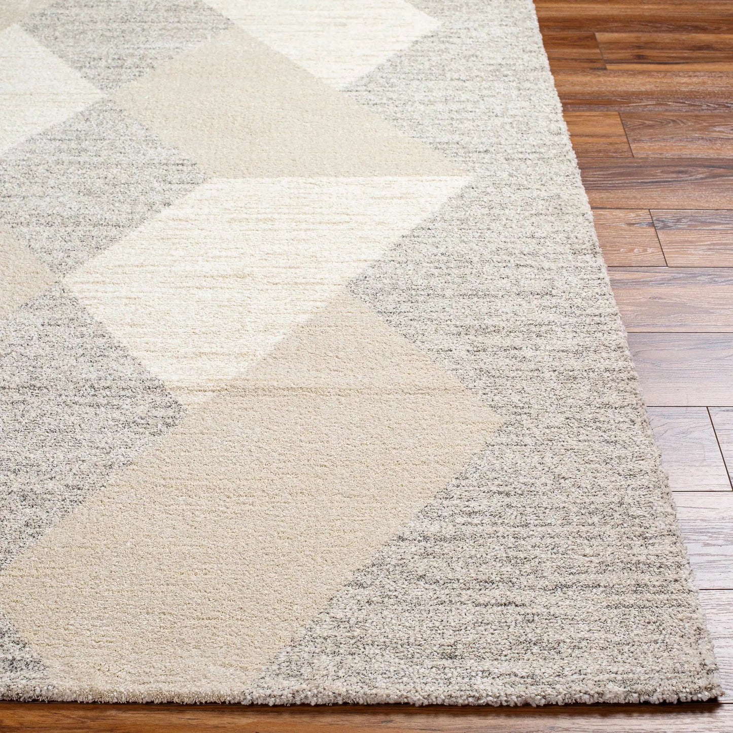 Dilys Luxe Rug Ivory beige and gray by Boutique Rugs, plush shag on hardwood floor on Tampa Home & Garden Store