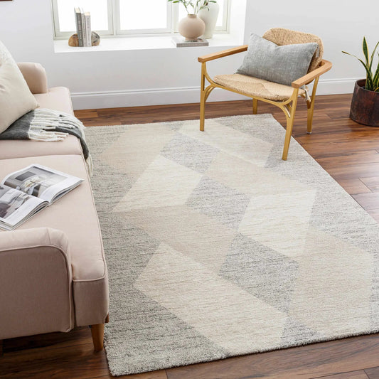 Dilys Luxe Rug Ivory Beige and Gray by Boutique Rugs in a bright living room on Tampa Home & Garden Store