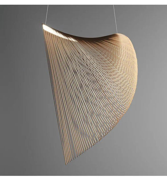 Nordic Wood Dining Room Chandelier by Decorbites, curved wooden slat pendant with warm light on Tampa Home & Garden Store