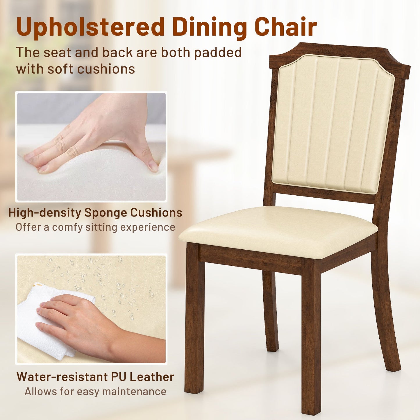 Dining Chair Set of 2 PU Leather Rubber Wood with beige upholstered seat and back on Tampa Home & Garden Store