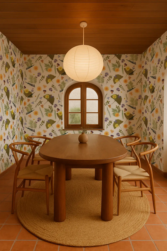 Wallpaper Pressed Fresh Version 01 yellow and lavender floral pattern in dining room on Tampa Home & Garden Store
