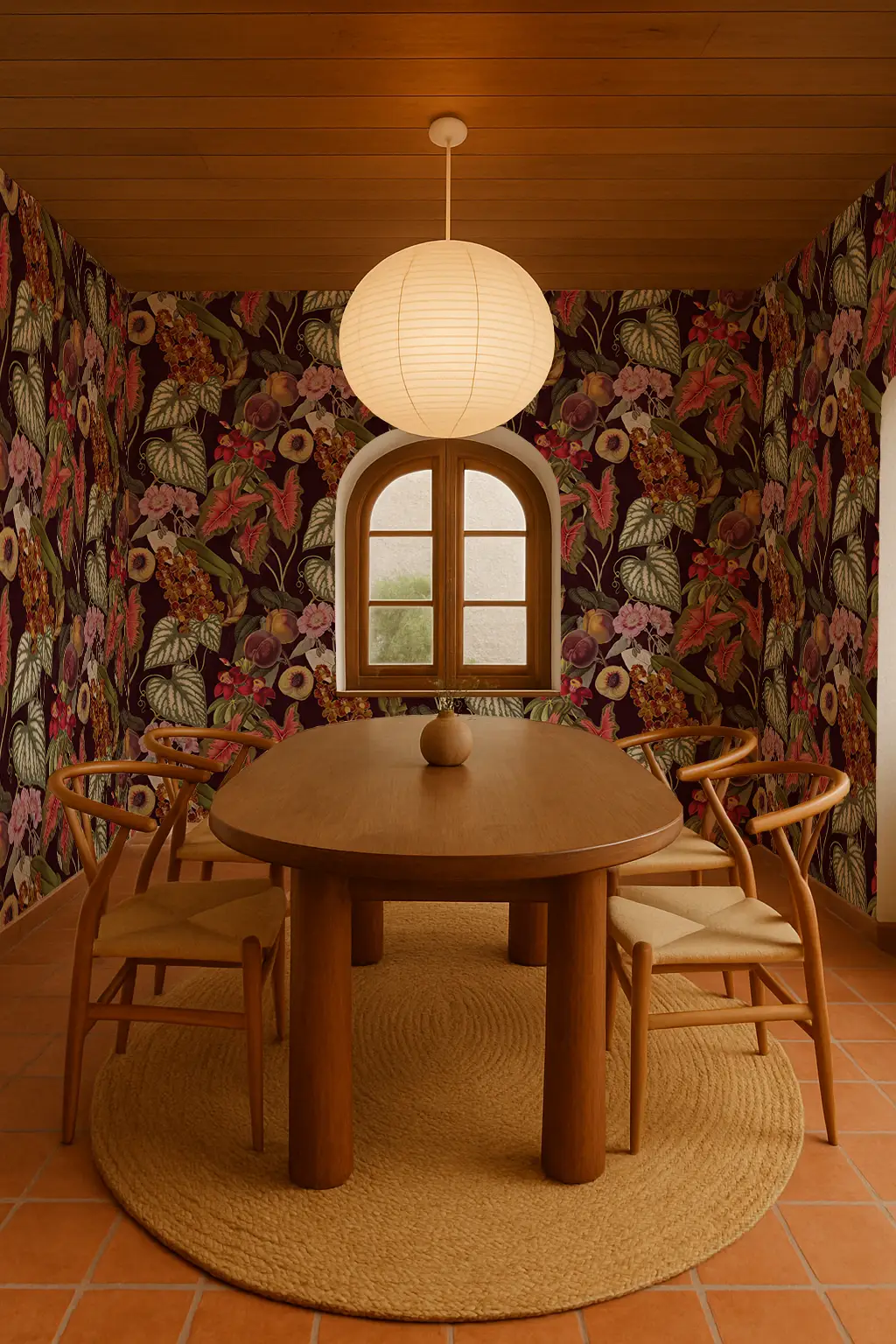 Wallpaper Cali Tropicale Eggplant Collage with bold tropical floral pattern in dining room on Tampa Home & Garden Store