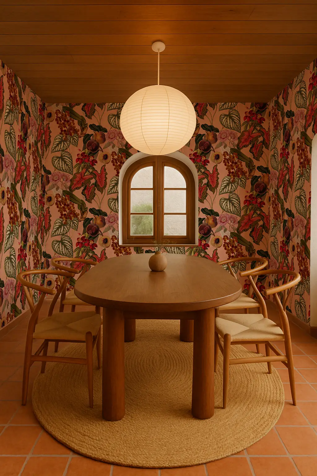 Cali Tropicale Peach wallpaper with vintage botanical pattern featuring tropical florals on Tampa Home & Garden Store