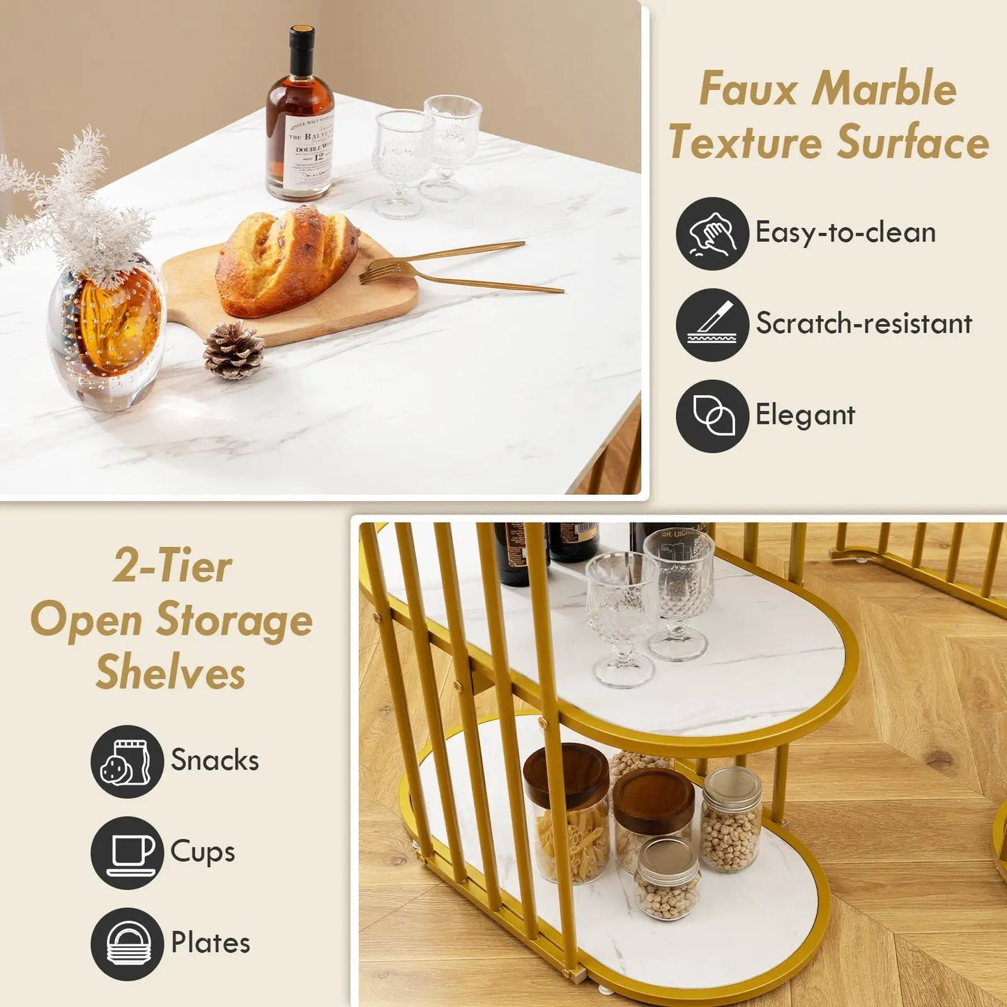 Dining Table for 2 with 2 Tier White Storage, faux marble surface, easy-clean, DirectDeals on Tampa Home & Garden Store