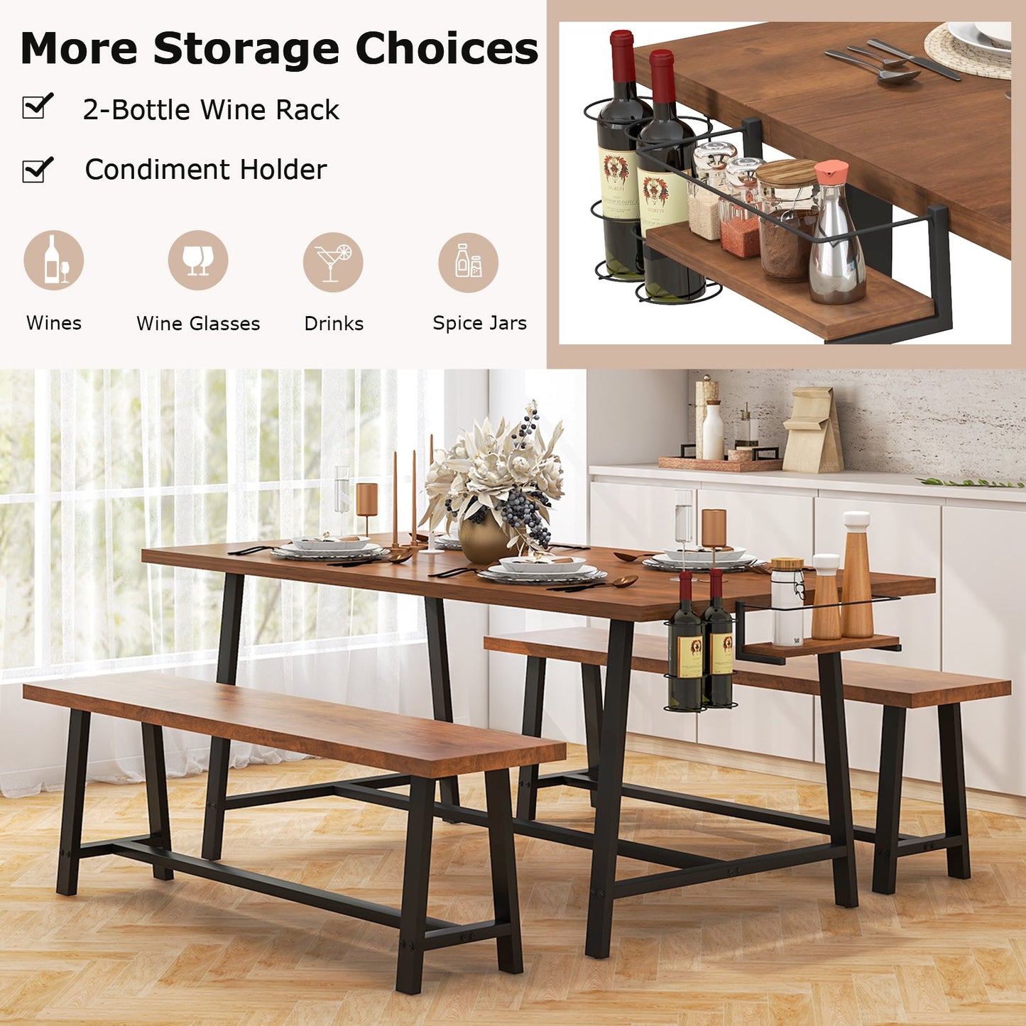 Dining Table Set for 5-7 with 2-Bottle Wine Rack and spice jars, wood top, black metal legs on Tampa Home & Garden Store