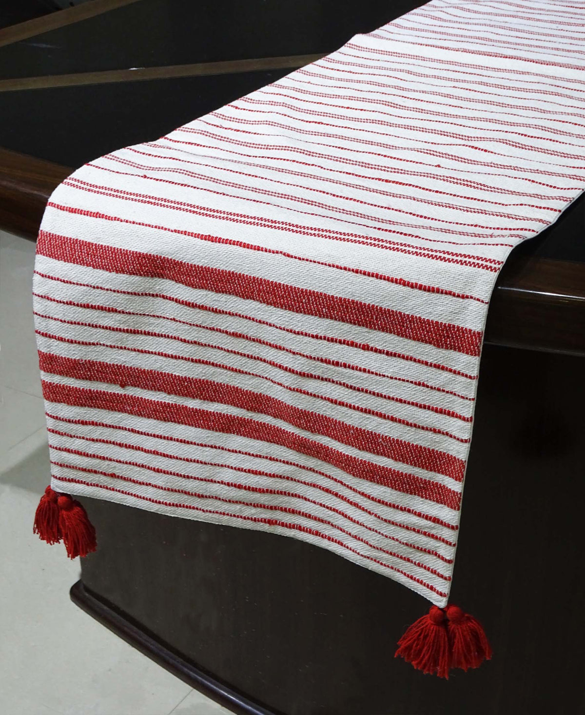 Woven cotton table runner off white with red stripes, 16x90, by Vibhsa, dining decor on Tampa Home & Garden Store