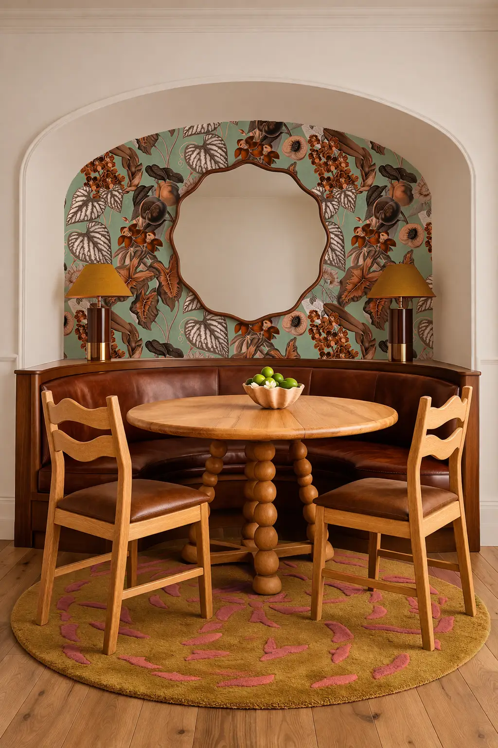 Cali Tropicale wallpaper mint and rust with tropical leaf print in a cozy dining nook on Tampa Home & Garden Store