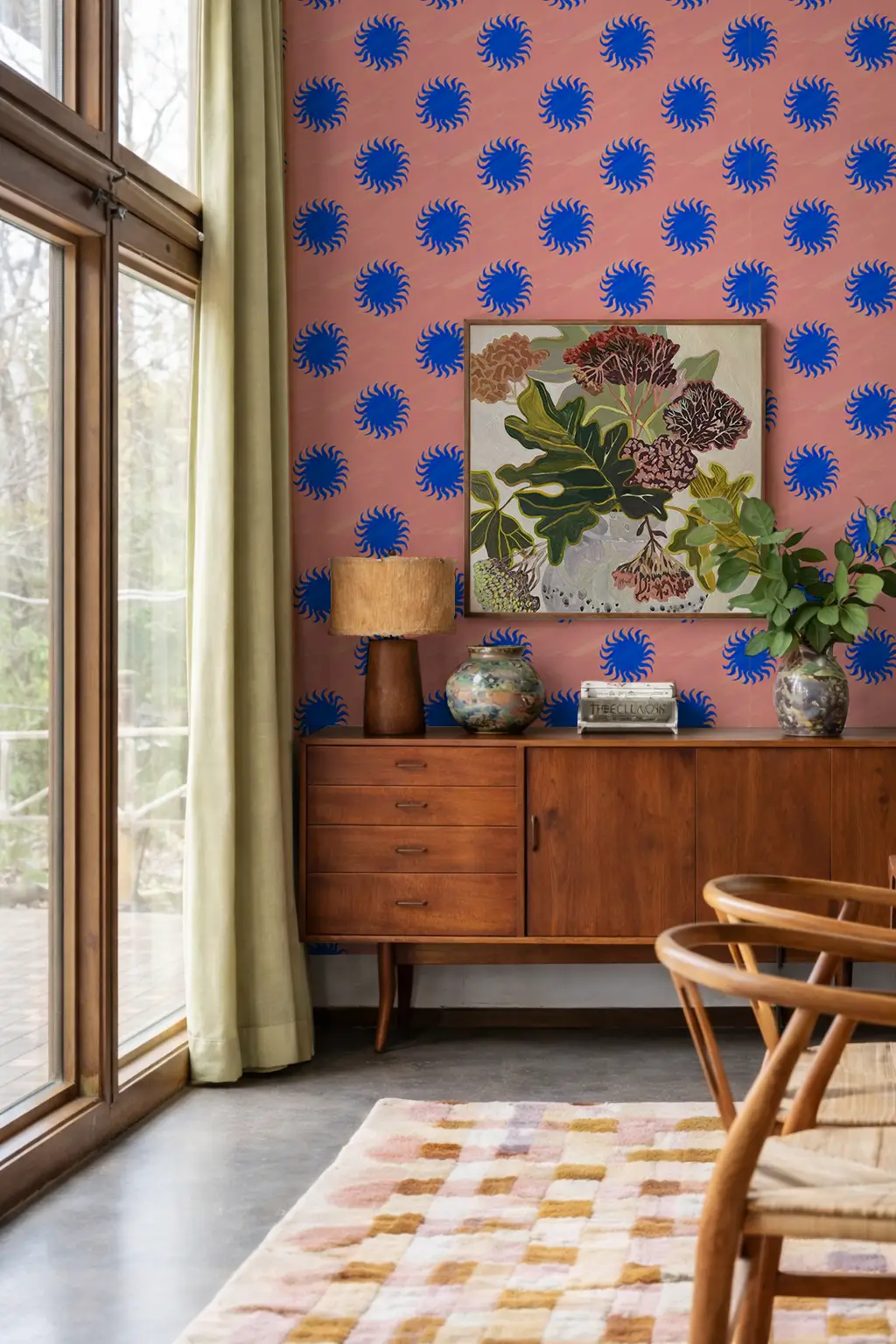 Sol wallpaper pink and blue sunburst pattern, bold mid-century decor for walls on Tampa Home & Garden Store