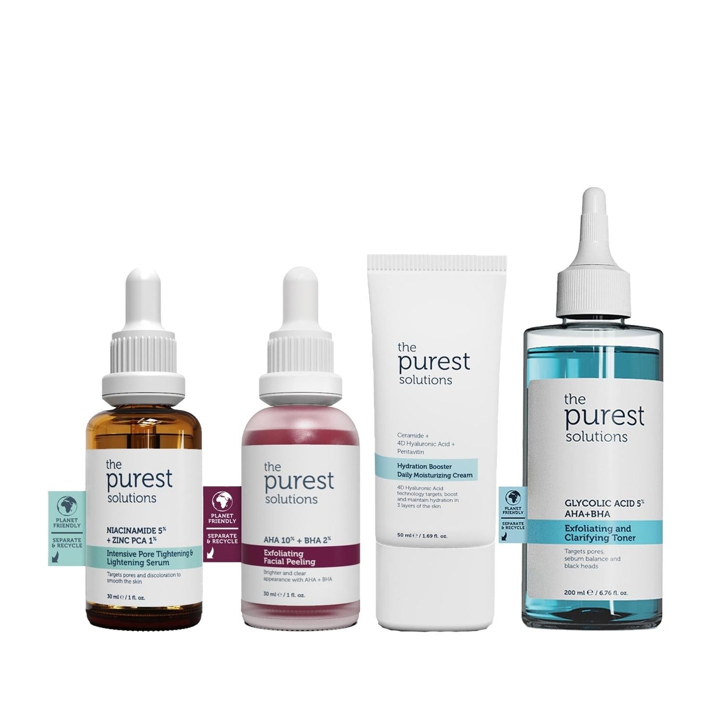 The Purest Solutions skincare set: 4 dropper bottles, white cream tube, blue toner on Tampa Home & Garden Store