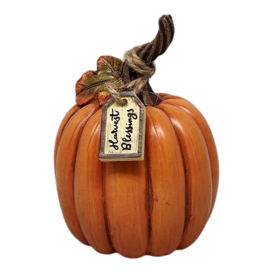 Charming Harvest Pumpkin Decor Polyresin 4 Inch orange pumpkin with rustic rope and tag on Tampa Home & Garden Store