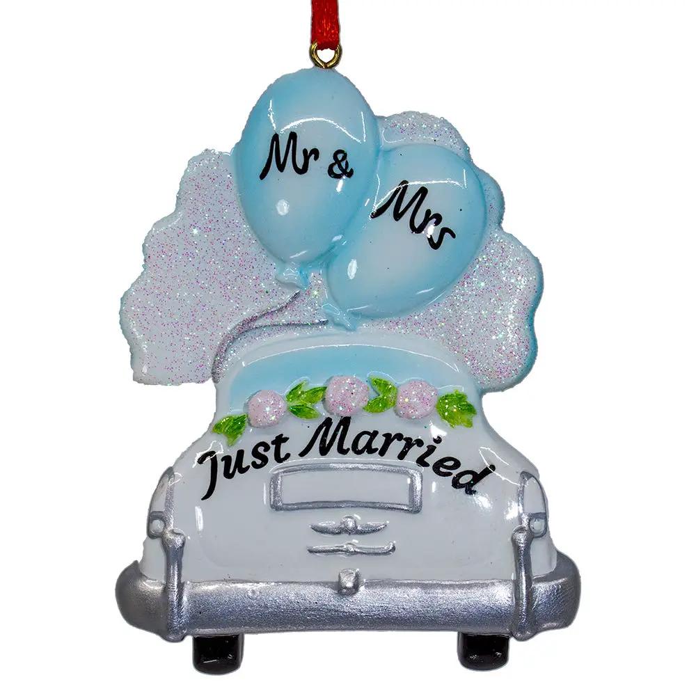 Mr and Mrs Just Married Car Ornament blue balloons on car with glitter Country Christmas Loft on Tampa Home & Garden Store