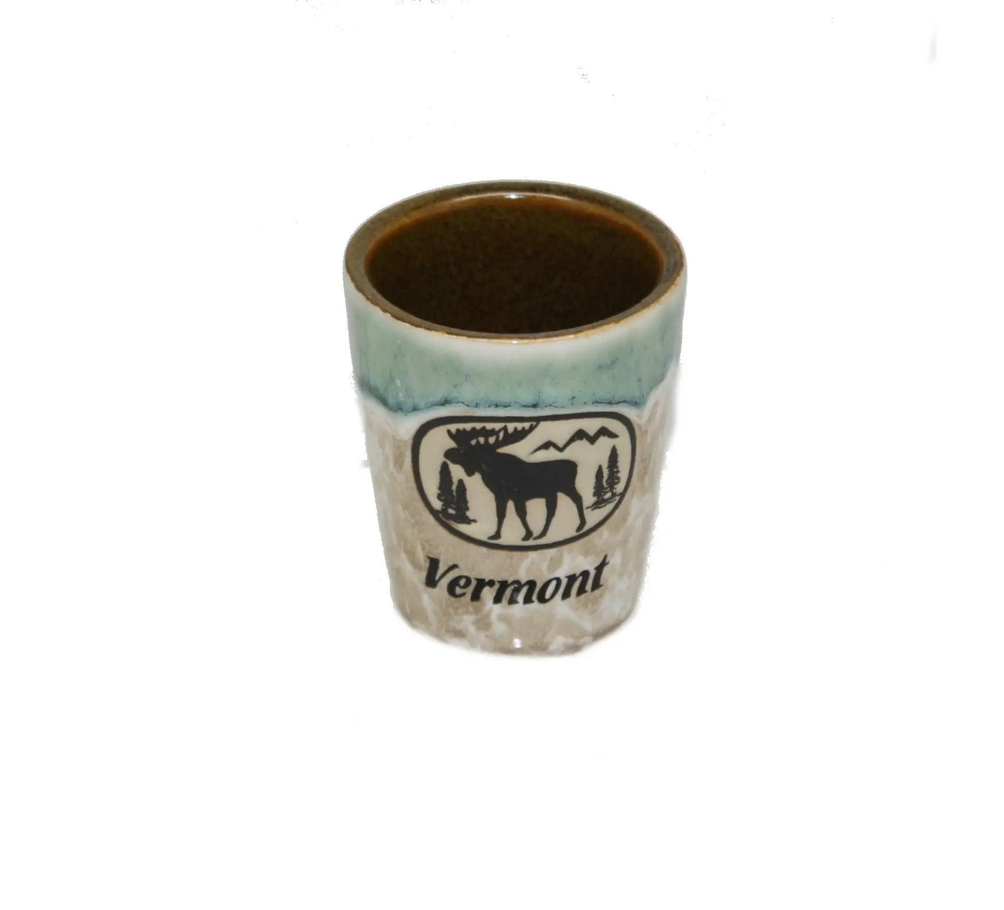 Moose Scene Oval Drip Ceramic Shot Glass Green with moose crest The Country Christmas Loft on Tampa Home & Garden Store