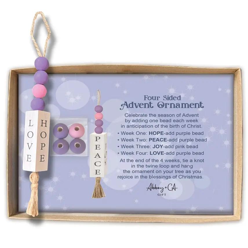 Four Sided Advent Ornament featuring LOVE and PEACE wooden blocks, purple beads, tassels on Tampa Home & Garden Store
