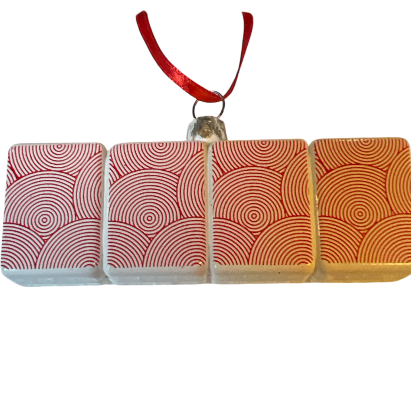 Glass Mahjong Ornament with four white tiles in red spiral patterns, red ribbon hanger on Tampa Home & Garden Store