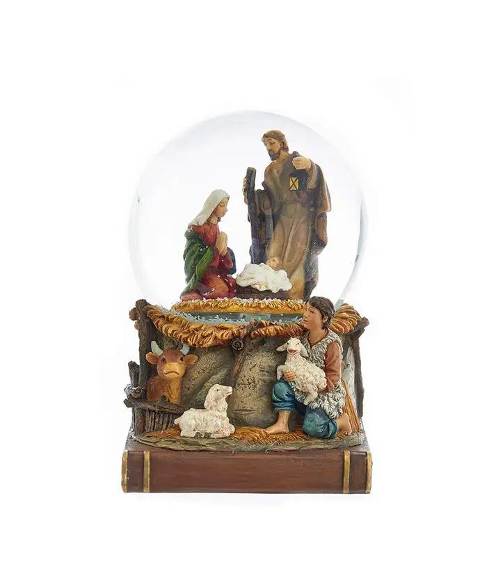 100mm Nativity water globe with battery-operated musical plays Silent Night on a rustic base on Tampa Home & Garden Store