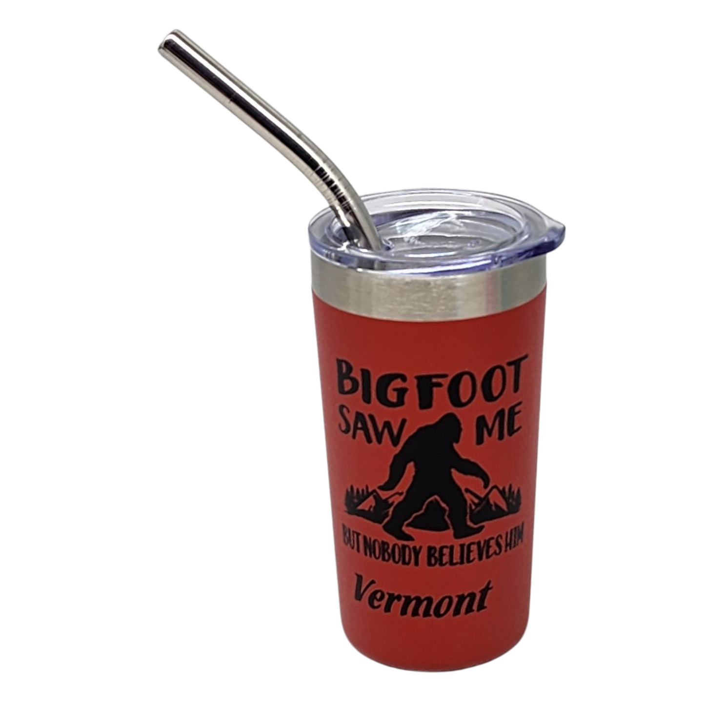 Vermont Bigfoot 2oz stainless steel shooter red cup with metal straw and Bigfoot graphic on Tampa Home & Garden Store